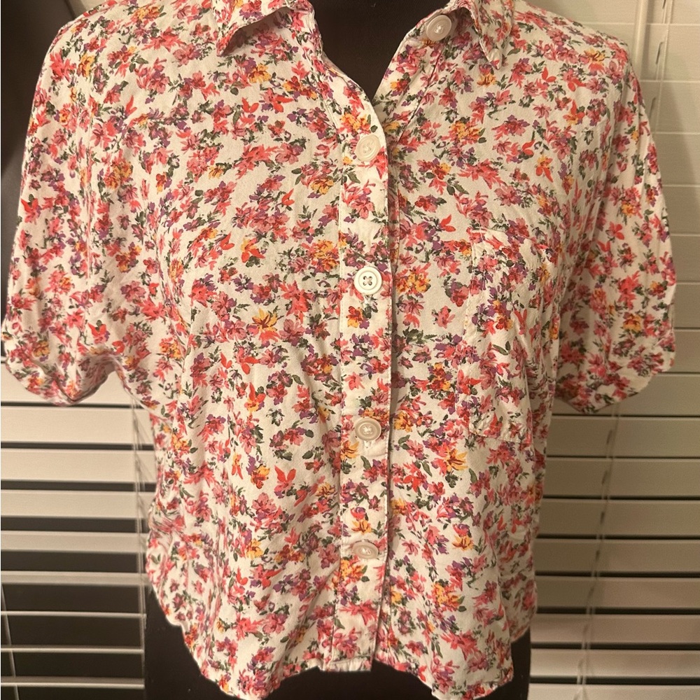 Aeropostale Floral Button-Down Shirt - Pink, Red, Orange